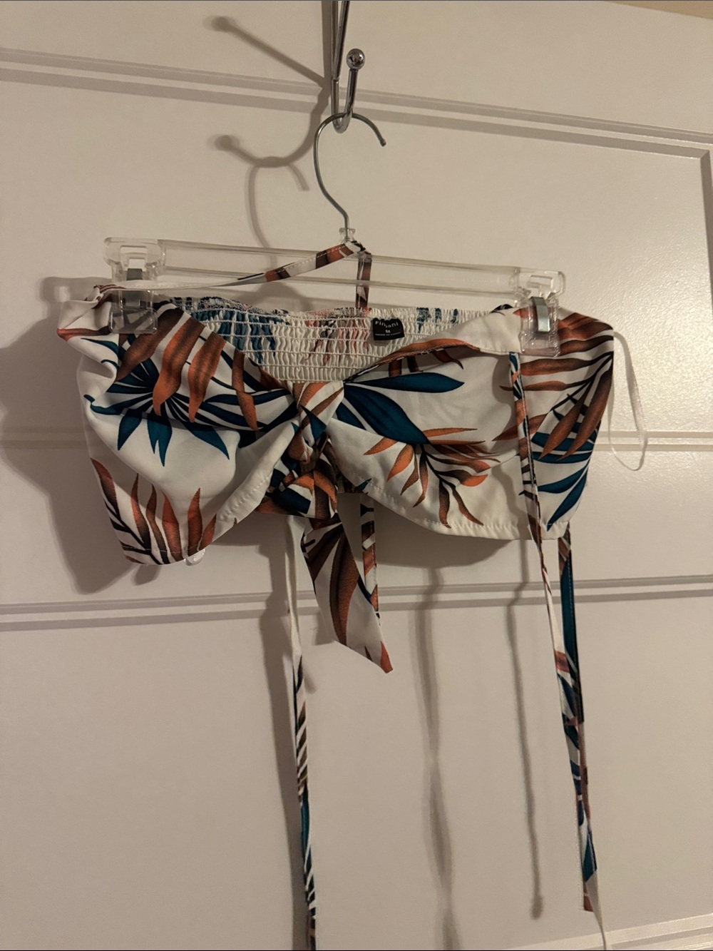 Tropical Tie-Front Women’s Shirt in White with Teal & Brown Leaf Print